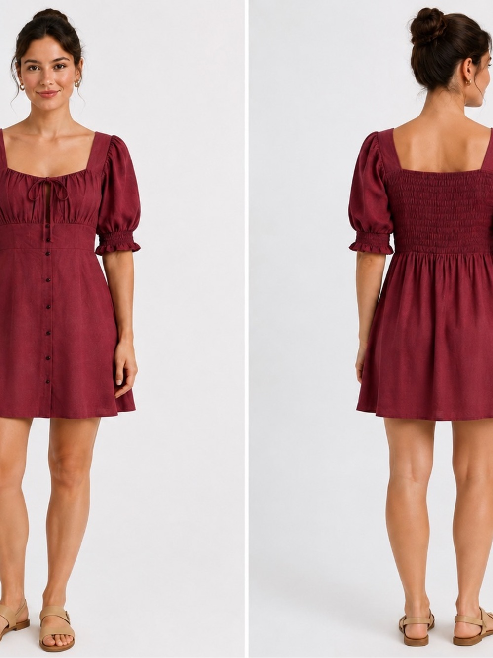Sienna Sky Wine Square-Neck Puff Sleeve Mini Dress